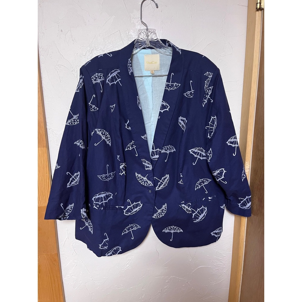 ModCloth Womens 3X Navy Blue Umbrella Print Cotton Blazer Jacket 3/4 Sleeve